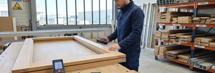 Atelier moderne de fabrication de portes sur mesure avec technicien vérifiant les dimensions d'une porte en bois mi-assemblée sur établi professionnel, lumière naturelle par baies vitrées industrielles