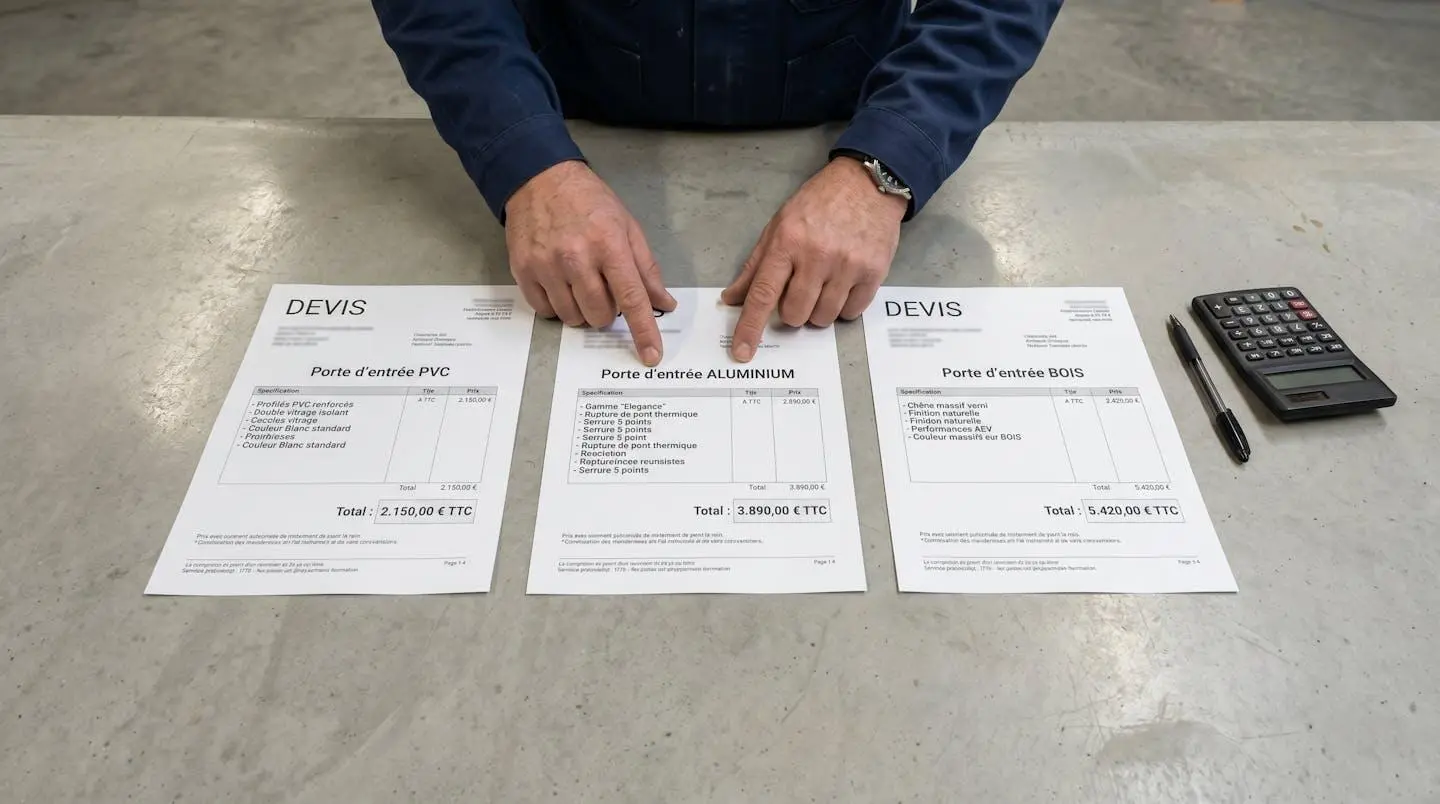 Trois devis de portes sur mesure côte à côte avec étiquettes de prix visibles, montrant les différences tarifaires entre PVC, aluminium et bois, sur bureau professionnel avec calculatrice