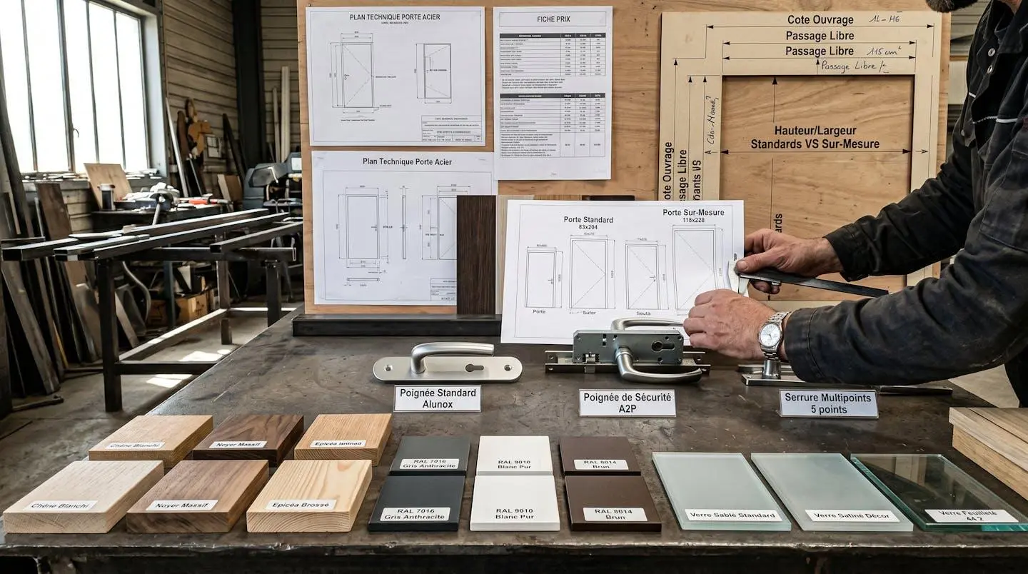 Échantillons de finitions de portes, différentes poignées et serrures, et gabarits de dimensions spéciales disposés sur table de travail professionnel pour comparaison tarifaire