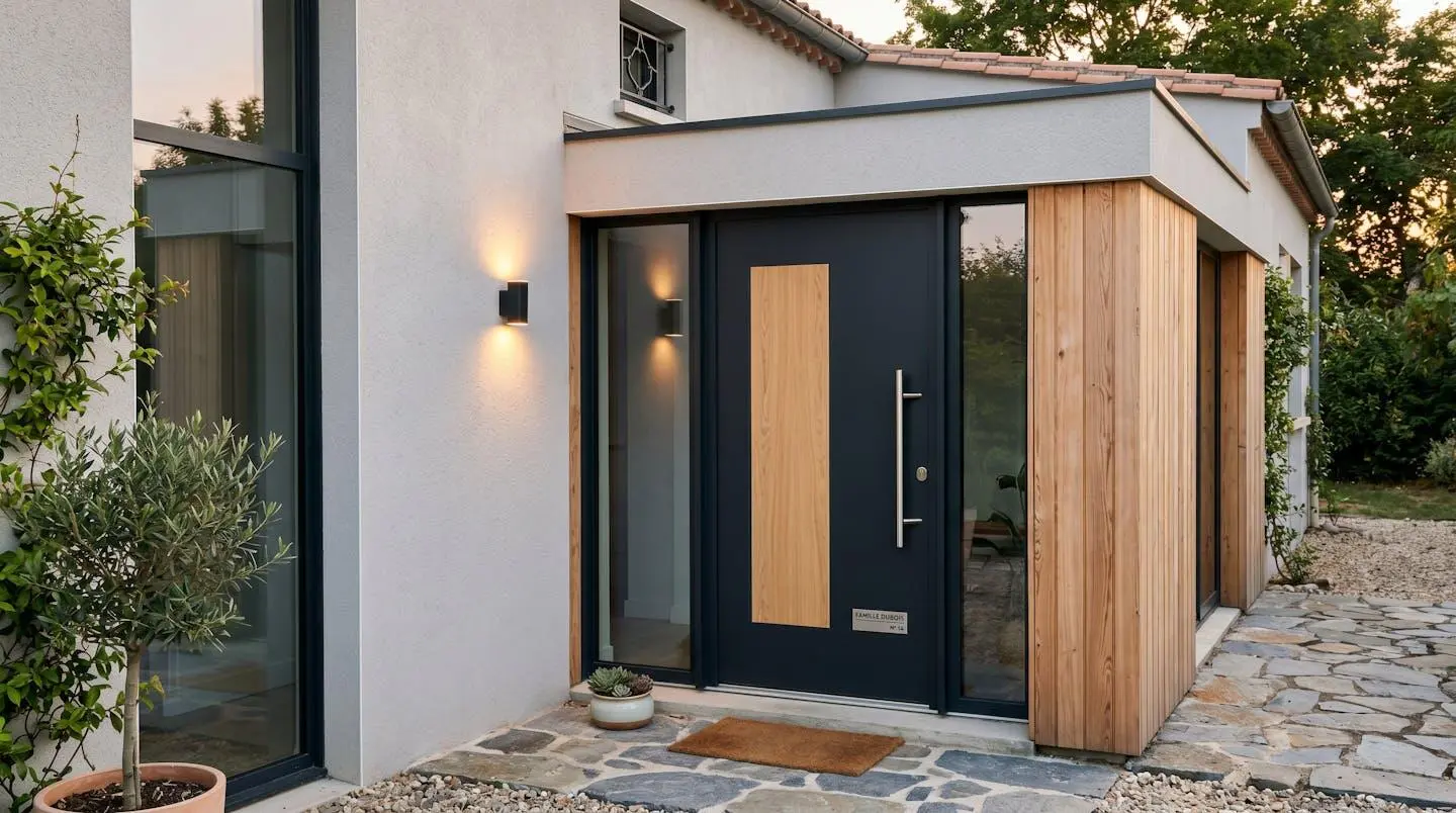 Porte d'entrée moderne en aluminium installée dans façade résidentielle française contemporaine, avec poignée design et éclairage architectural extérieur, lumière dorée de début de journée