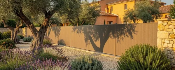 Clôture aluminium ton pierre intégrée dans un jardin méditerranéen avec oliviers et végétation xérophile en Provence