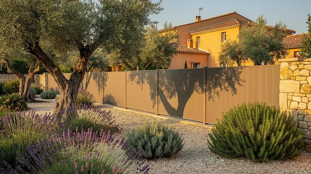 Clôture aluminium ton pierre intégrée dans un jardin méditerranéen avec oliviers et végétation xérophile en Provence