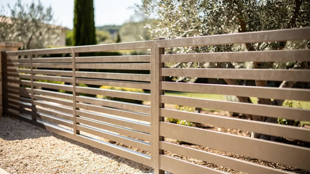 Détail d'une clôture aluminium à lames horizontales espacées laissant passer la lumière méditerranéenne et la végétation en transparence