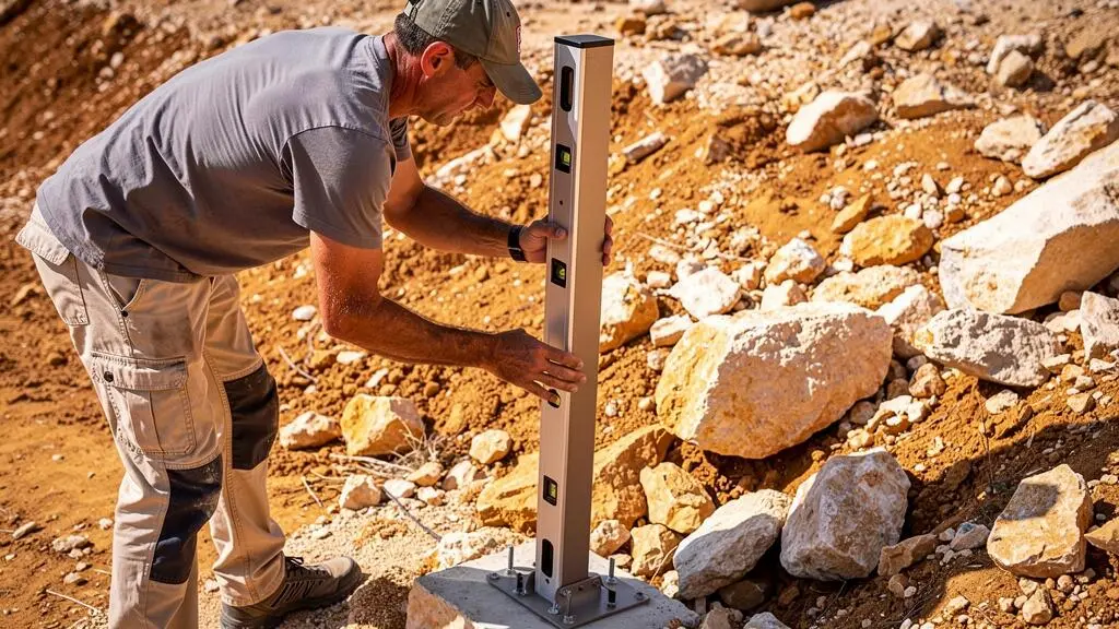 Installateur professionnel vérifiant la verticalité d'un poteau de clôture aluminium avec un niveau dans un sol méditerranéen rocailleux