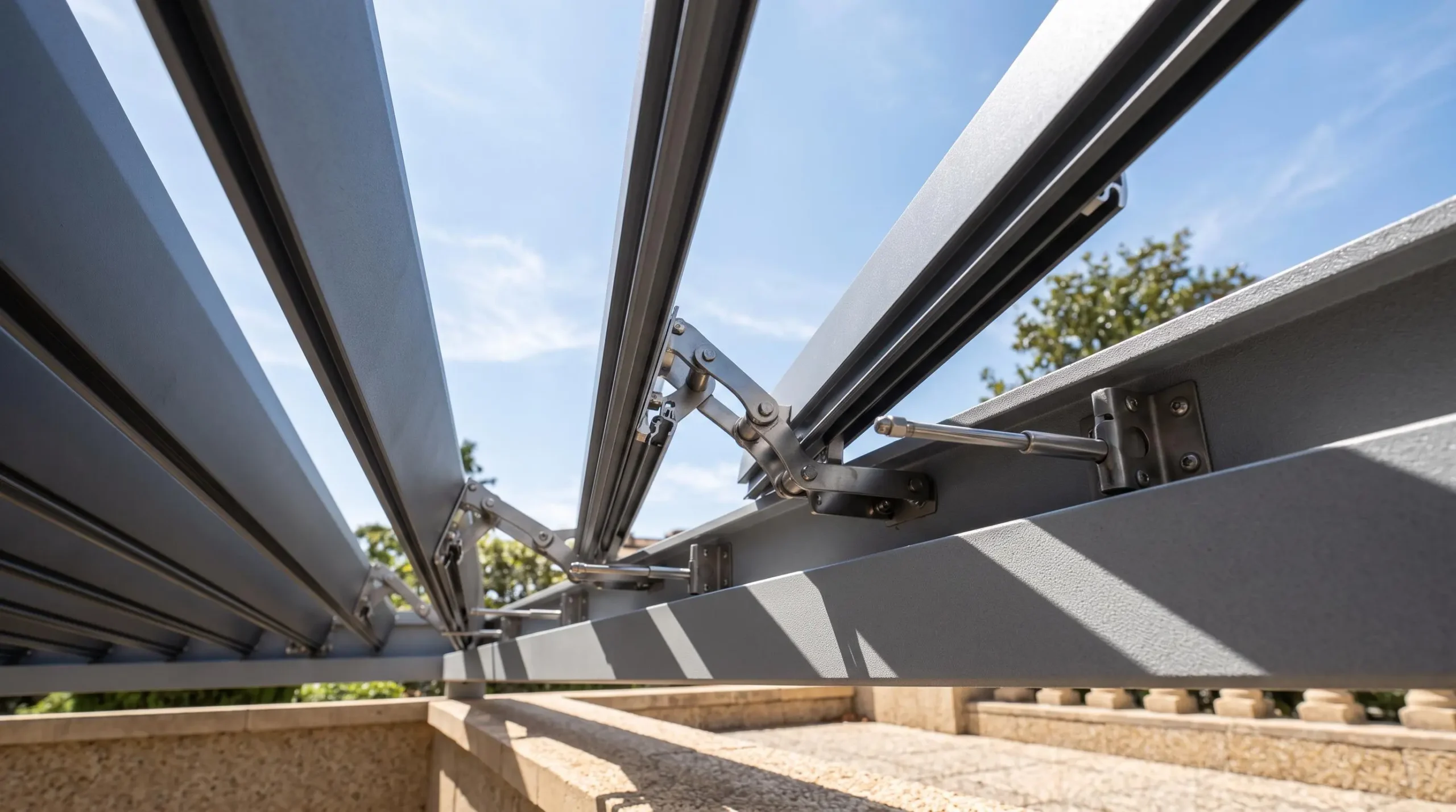 Gros plan sur les lames orientables en aluminium du toit d'une pergola bioclimatique, vues depuis dessous, laissant passer la lumière.