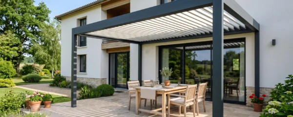 Pergola bioclimatique en aluminium à lames orientables adossée à une maison, couvrant une terrasse aménagée avec table de jardin.