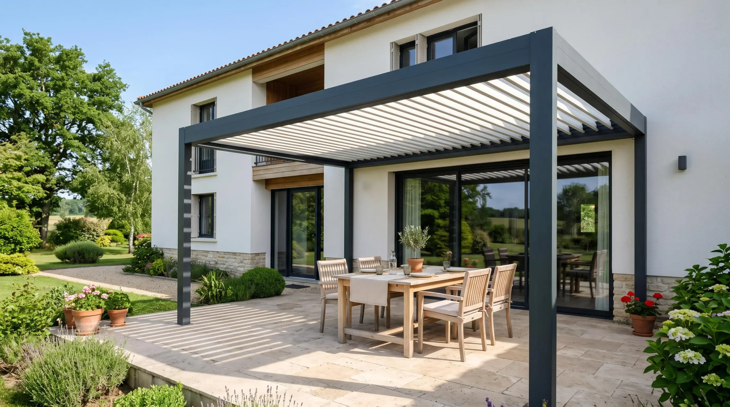 Pergola bioclimatique en aluminium à lames orientables adossée à une maison, couvrant une terrasse aménagée avec table de jardin.