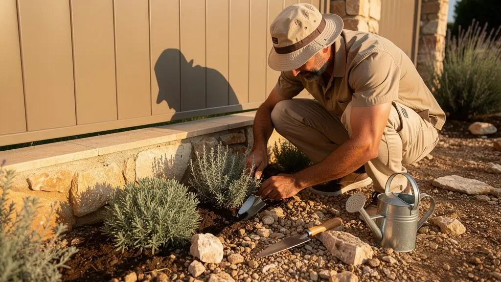 Paysagiste professionnel plantant de la végétation xérophile méditerranéenne le long d'une clôture aluminium ton pierre