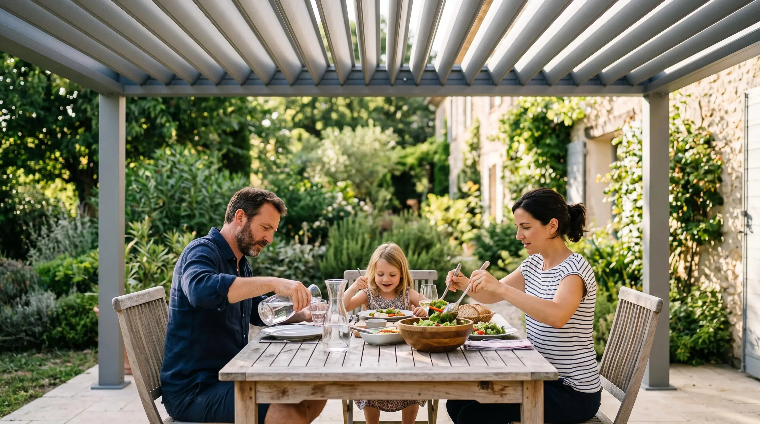 Famille déjeunant à table sous une pergola bioclimatique dont les lames du toit laissent passer une lumière filtrée.